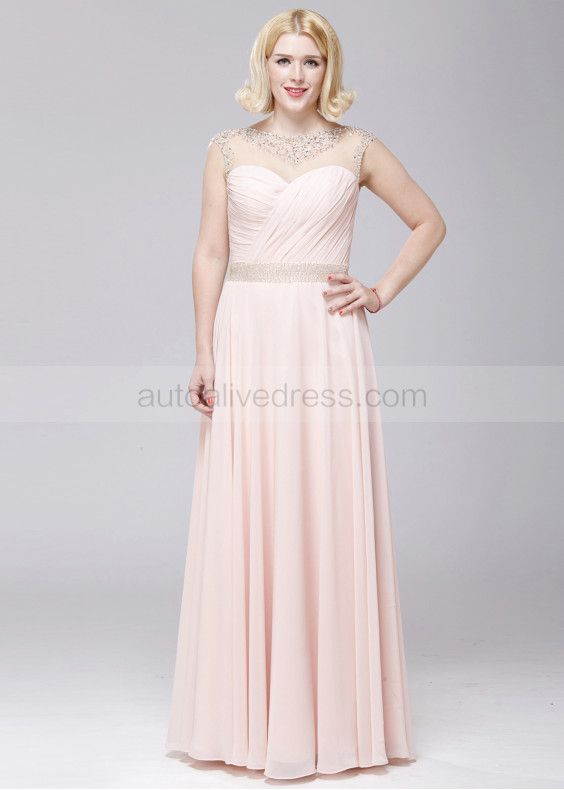 Beaded Blush Pink Chiffon Cutout Back Flowy Prom Dress